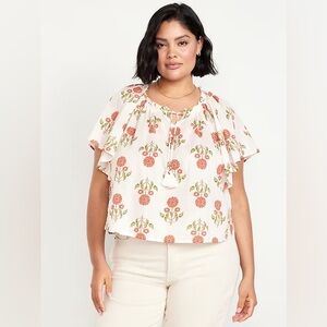 NWT Old Navy Flutter-Sleeve Tassel-Tie Top Pink/Orange Floral SZ L